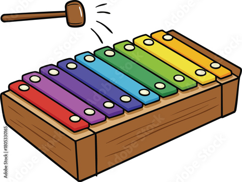 Colorful wooden xylophone musical instrument with mallet for children education and play activities vector illustration 