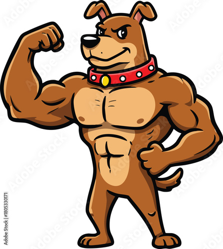 Muscular brown dog flexing powerful arm muscles strong puppy character vector illustration 