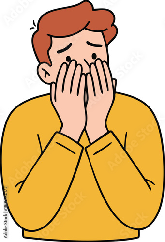 Worried man covering mouth with hands expressing anxiety and fear in yellow clothing vector illustration 