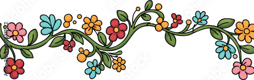 Colorful flower vine border with pink blue red and orange blossoms and green leaves vector illustration 