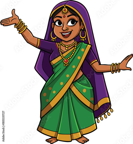 Indian woman in traditional green and purple saree with jewelry smiling and gesturing vector illustration 