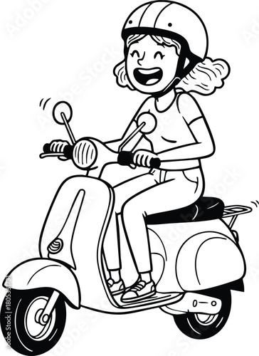 Happy young woman riding scooter wearing helmet enjoying fun outdoor activity vector illustration 