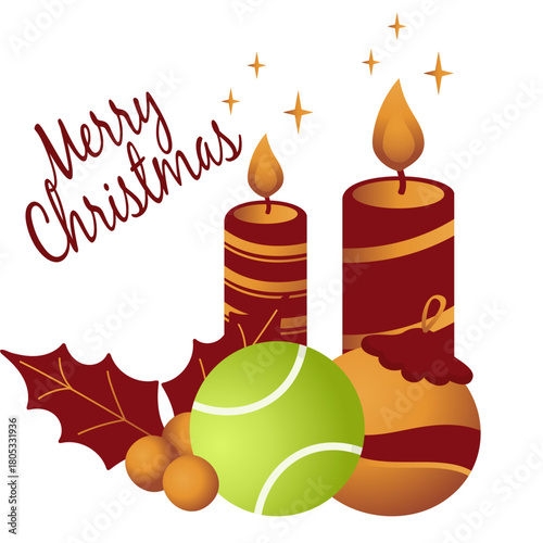 Fotografija Festive Christmas tennis illustration featuring holly, candles, bells, evergreen branches, and warm seasonal details