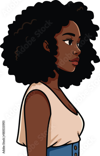 Woman with curly black hair in beige top and blue skirt side profile natural look vector illustration 