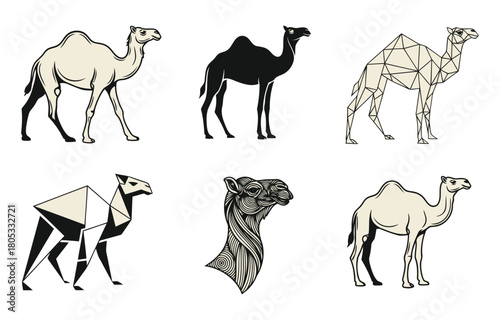 A collection of six camel illustrations in various artistic styles, including realistic, silhouette, and geometric polygonal designs on a white background.