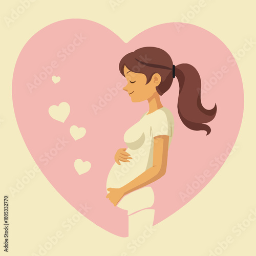 Illustration of a happy pregnant woman tenderly holding her belly against a pink heart background.