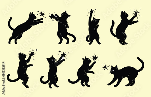 A collection of eight black cat silhouettes in various playful poses, reaching for and touching sparkling stars on a light background.