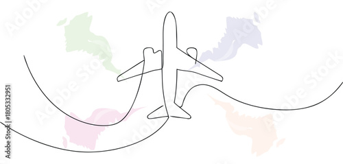 Airplane flying over the world map