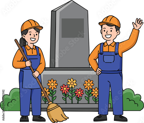 Cemetery workers maintaining flowerbed in front of gravestone with broom and friendly greeting in uniform vector illustration 