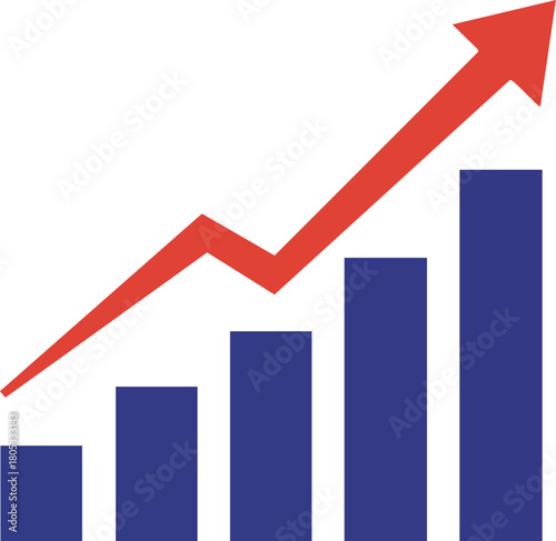 Growth bar chart with red upward arrow showing positive business progress and increasing success vector illustration 