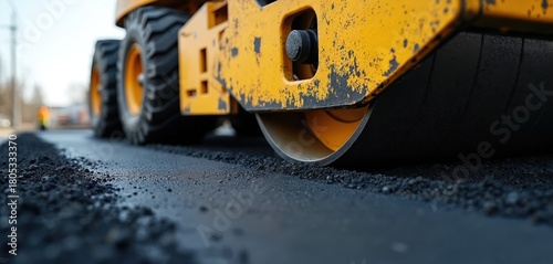 Road roller compacts fresh asphalt on a construction site. Heavy machinery operates during road repair. Asphalt paver machine leveling and smoothing black tar surface on road.