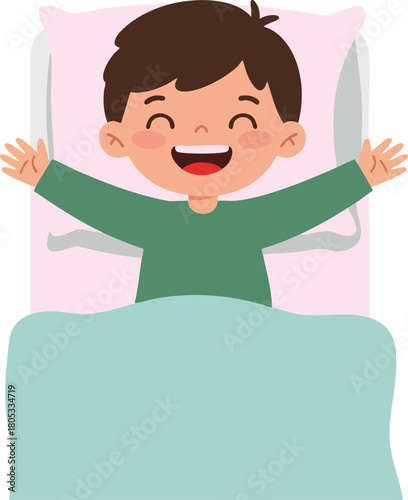 Happy boy waking up in bed with open arms and smile in cozy bedroom setting vector illustration 