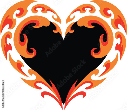 Heart shape with orange and red flame tribal style vector illustration design element for decoration and love symbols 