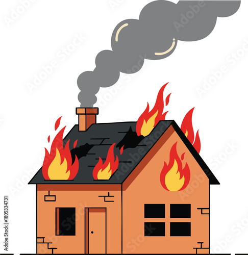 Burning house on fire with smoke and flames vector illustration of burning building destruction emergency scene 