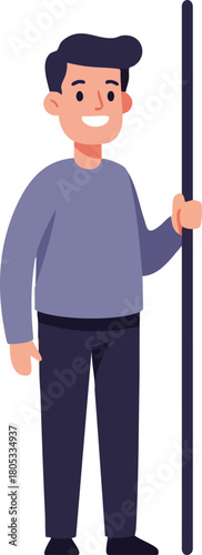 Young man standing holding long stick smiling casual outfit vector illustration 