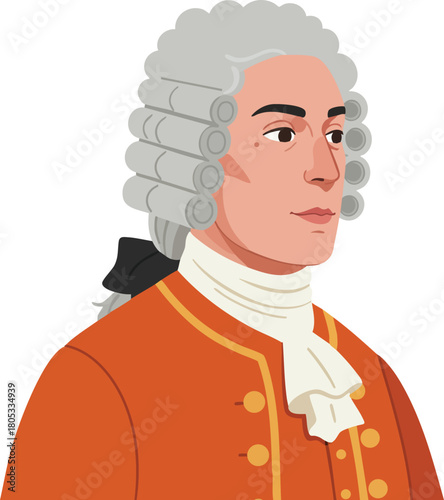 Historical man wearing 18th century orange coat and powdered wig in classic portrait style vector illustration 