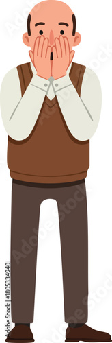 Middle aged man covering mouth with hands expressing surprise or shock in casual clothing vector illustration 