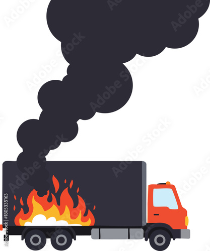 Delivery truck on fire with thick black smoke rising from back cargo container vector illustration 