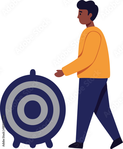 Man walking near circular target in orange sweater and dark pants vector illustration 