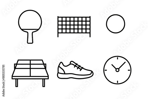 Table tennis equipment and timing: paddle, ball, net, shoe, table, clock icons