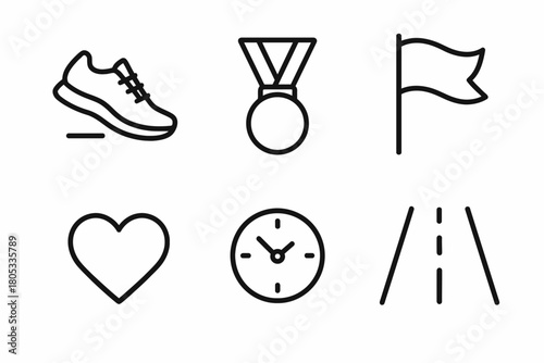 Minimalist icons: running shoe, medal, flag, heart, clock, road