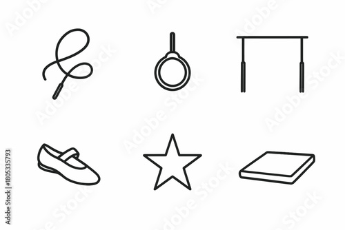 Gymnastics equipment icons including ribbon, rings, parallel bars, shoe, star, and mat