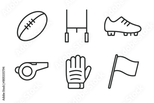 Rugby icons: ball, goal posts, cleats, whistle, glove, flag outline