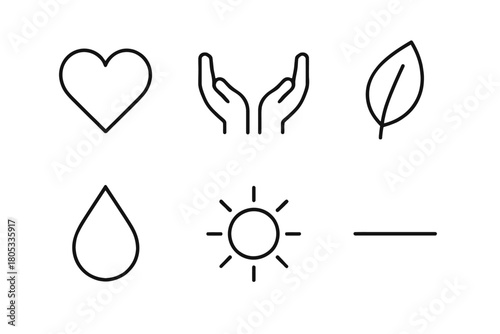 Minimalist nature and wellness icons: heart, hands, leaf, water, sun, line