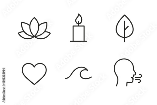 Minimalist relaxation icons: lotus, candle, leaf, heart, wave, breathing symbol