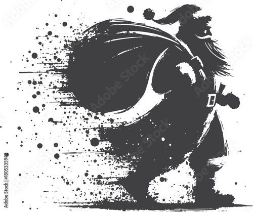 A striking black ink-style silhouette of a heroic figure charging forward with a flowing cape, created from splatters and strokes. Symbolizes strength, determination, and dynamic action
