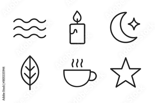 Minimalistic icons: waves, candle, moon, leaf, cup, star