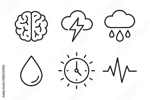 Brain and weather icons: symbols of intelligence, storm, rain, water, time, heartbeat