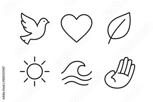 Set of minimalist icons: dove, heart, leaf, sun, wave, hand