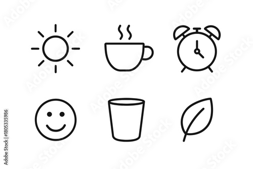Minimalist icon set: sun, coffee, clock, smiley, glass, leaf