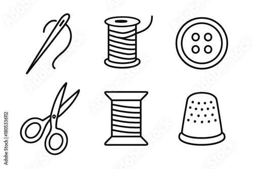 Sewing tools vector icons: needle, thread, button, scissors, thimble illustrations