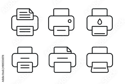 Set of six printer line icons with various paper and ink styles