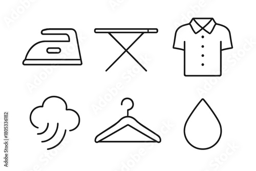 Laundry symbols: ironing board, shirt, steam, hanger, and water drop line art