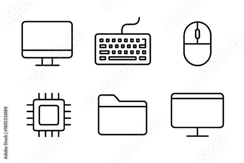 Simple black line icons of computer technology devices and components