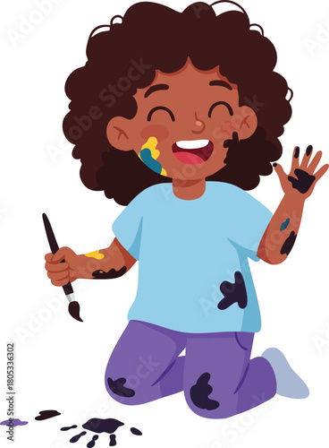 Child painting happily on knees with paintbrush and colorful stains on clothes and skin in creative activity vector illustration 