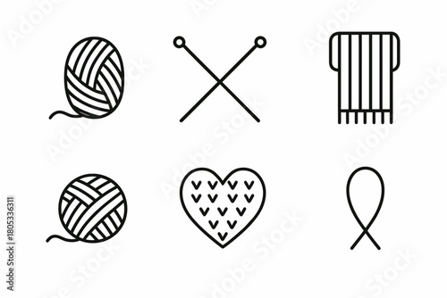Knitting icons set: yarn balls, needles, heart, and scarf symbols