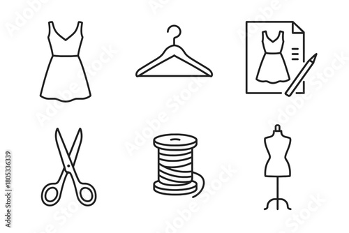 Fashion design outline: dress sketch, hanger, scissors, spool, mannequin icons