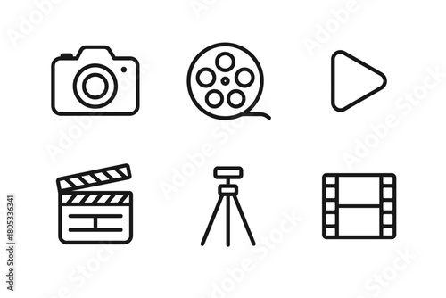 Camera and film icons: photography, video, filmmaking, tripod, play button