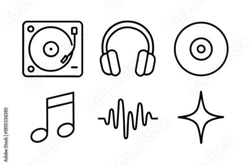 Music icons: turntable, headphones, vinyl, note, waveform, sparkle