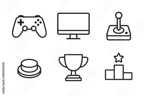 Gaming icons: controller, screen, joystick, button, trophy, podium