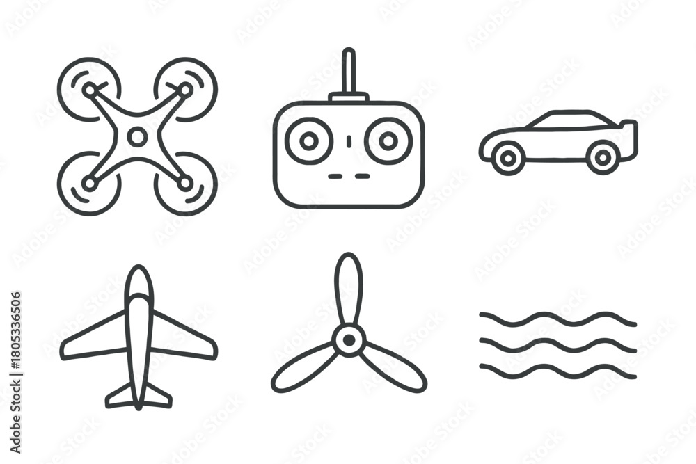 Obraz premium Drone controller car plane propeller waves outline icons set