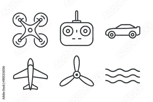 Drone controller car plane propeller waves outline icons set