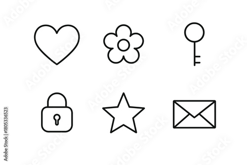 Simple icon set: heart, flower, key, lock, star, envelope in black and white