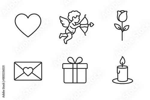 Romantic symbols: heart, cupid, rose, love letter, gift, candle icons