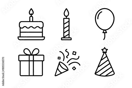 Birthday celebration icons: cake, candle, balloon, gift, party popper, hat