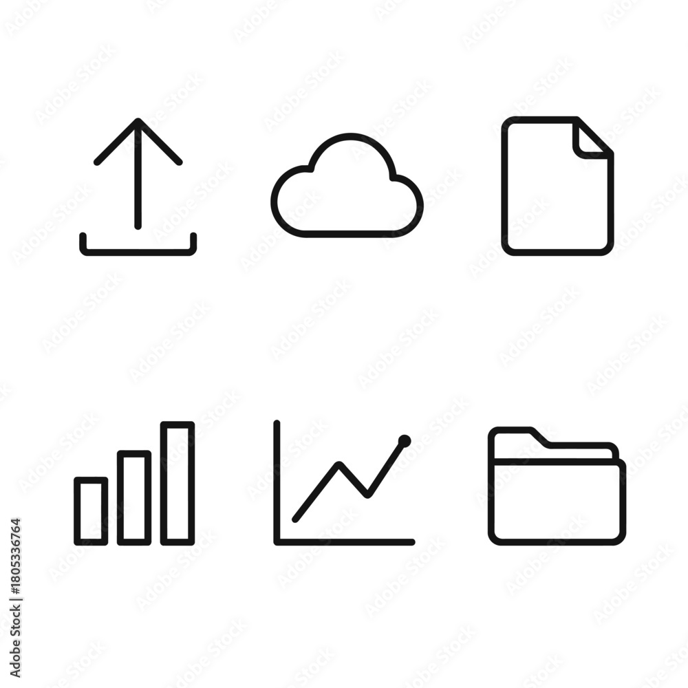Fototapeta premium Minimalist line icons for uploading, cloud, documents, graphs, and folders